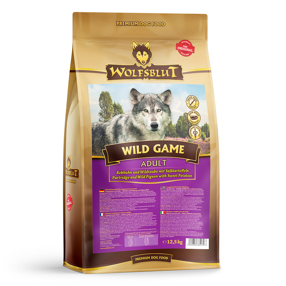 Купить недорого wolfsblut wild game adult (Дикая игра) - Сухой корм для  взрослых собак с куропаткой, диким голубем, страусом и сладким картофелем.  Белок: 26%, Жир: 16%. в Москве с доставкой.